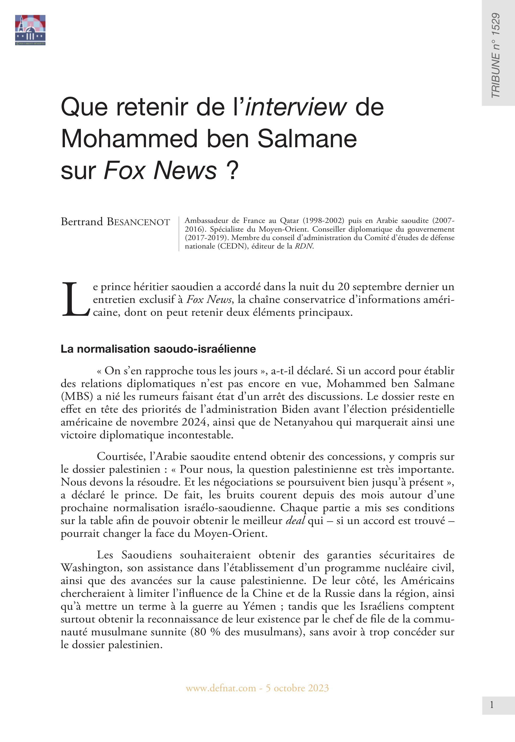 Que retenir de l’interview de Mohammed ben Salmane sur Fox News ? (T 1529)
